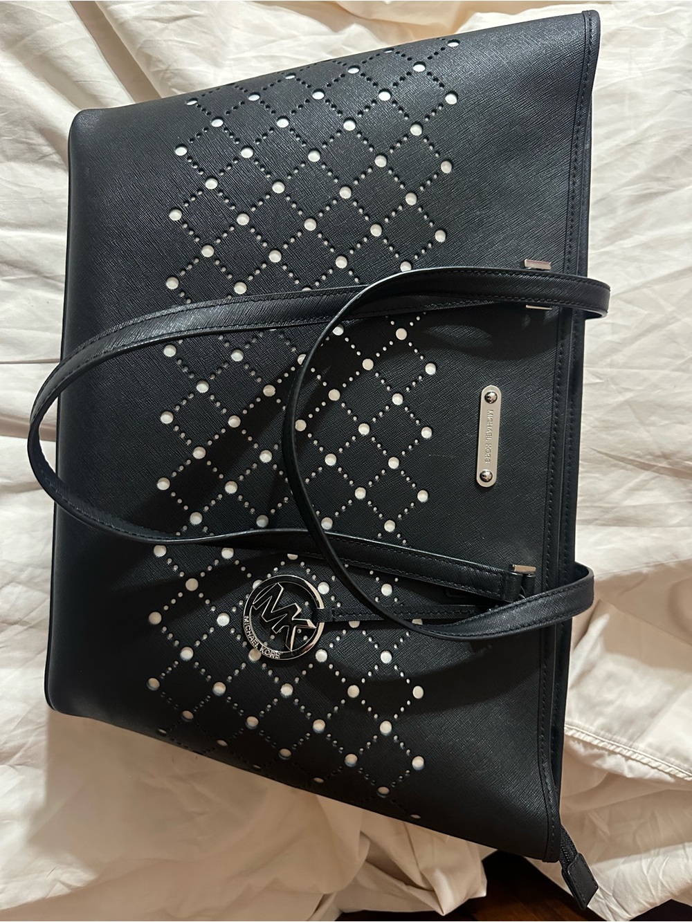 Michael Kors Black Perforated Shoulder Tote with MK Charm